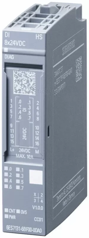 SIMATIC ET 200SP, модуль дискретных входов, DI 16x 24V DC ST, со стандартными функциями, тип 3 (IEC 61131), вход PNP, (sink, P-reading), упаковка из 1 шт., для установки на базовый блок типа A0, цветовой код CC00, входная задержка 0,05..20 мс, диагностика обрыва провода, диагностика напряжения питания